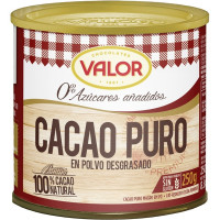 VALOR cacao puro en polvo desgrasado 0% azúcares añadidos 100% cacao natural sin gluten bote 250 g VALOR cacao puro en polvo desgrasado 0% azúcares añadidos 100% cacao natural sin gluten bote 250 g