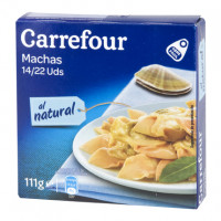 Almejas Machas Chilenas peso neto 138 gr; peso escurrido 78 gr. CARREFOUR 78 g.
