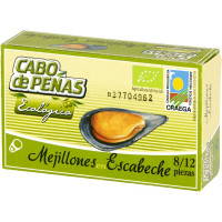 CABO DE PEÑAS mejillones en escabeche de las rías gallegas ecológicos 8-12 piezas lata 69 g neto escurrido