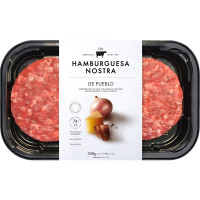 HAMBURGUESA NOSTRA hamburguesa de Pueblo 2 unidades sin gluten bandeja 300 g con carne de vaca con cebolla pochada, bacon ahumado y queso curado