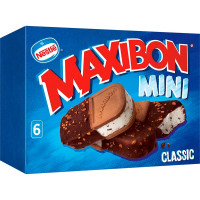 NESTLE MAXIBON mini sándwich con helado de nata galleta y trocitos de chocolate 6 unidades estuche 510 ml