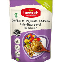 LINWOODS Bio semillas de lino, girasol, calabaza, chía y bayas de Goji ecológicas y sin gluten envase 200 g molidas en frío