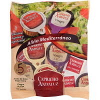 CAPRICHO ANDALUZ Set 5 monodosis de aceite oliva virgen extra envase 10 ml + 5 monodosis de vinagre de 10 ml + 5 sobres de sal