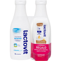 LACTOVIT gel de baño nutritivo con doble de vitaminas y proteínas de la leche pack 2 bote 600 ml + leche corporal bajo la ducha con aceites esenciales
