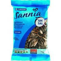 Pipas de girasol tostadas sin sal EROSKI Sannia, bolsa 75 g