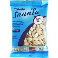 Pipas de calabaza tostada sin sal EROSKI Sannia, bolsa 75 g