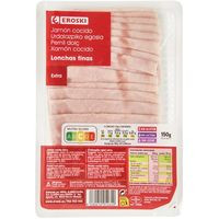 Jamón cocido extra lonchas finas EROSKI, bandeja 150 g